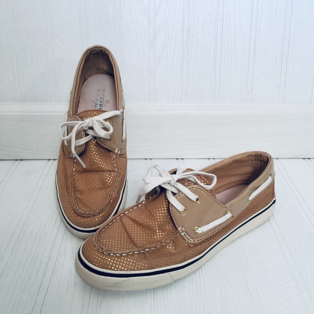 Sperry top sider tan and gold polka dot loafers